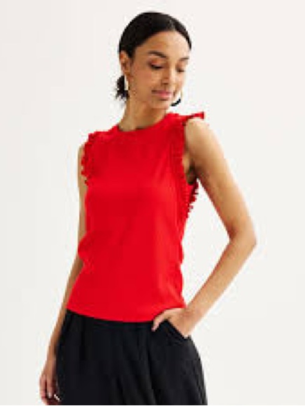 Nine West Red Ribbed Ruffle Sleeve Tank